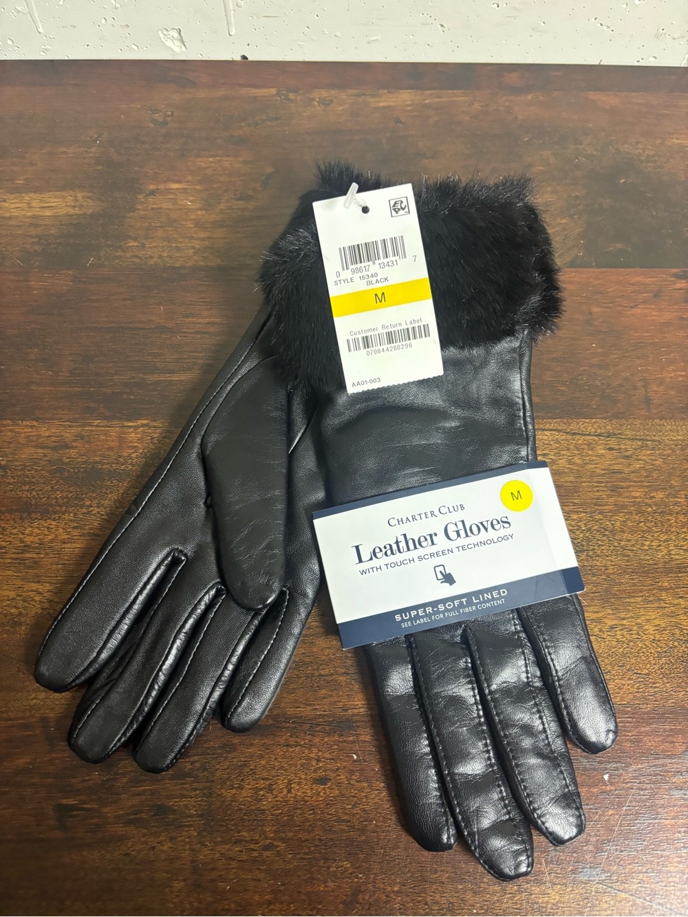 NWT Charter Club Black Leather Touchscreen Gloves Faux Fur Cuff M
